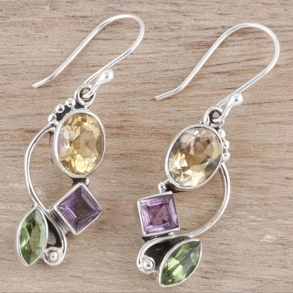 Silver Earrings with Citrine, Amethyst & Peridot #408 - Picture 4 of 5